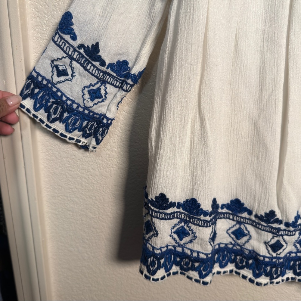 Zara Blue and Cream Boho Embroidered Blouse Jacket Size Small - Picture 5 of 15